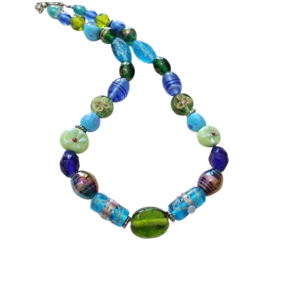 blue green glass beaded necklace